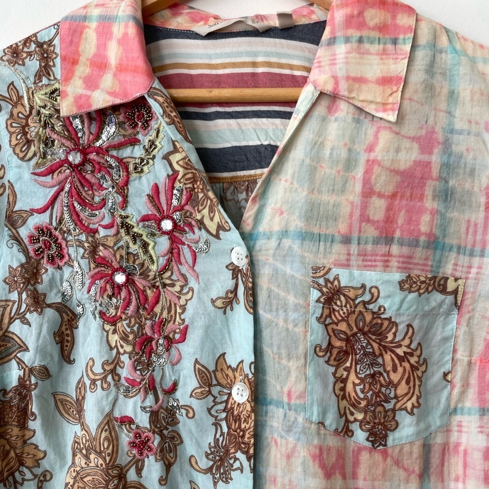 Soft Surroundings Mixed Print Long Sleeve Button Up Tunic Top Embroidered Size M - Picture 2 of 7